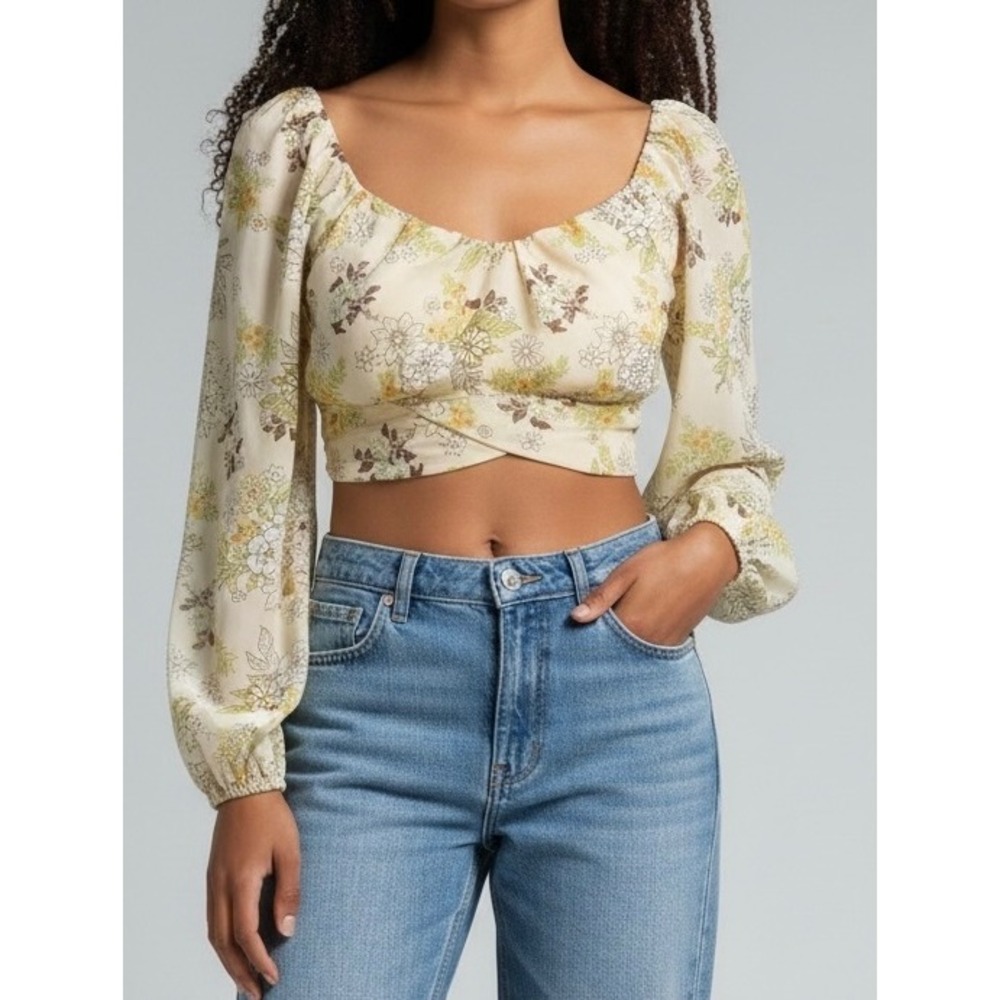Madden NYC Floral Crop Top XL Yellow Retro Tie Back Long Sleeve Boho Festival